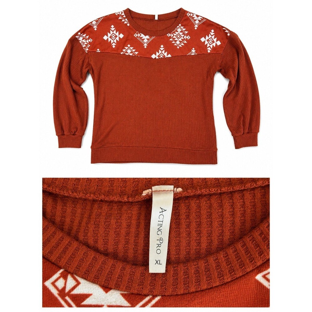 Acting Pro Women’s XL Rust Waffle Knit Southwestern Aztec Long Sleeve Pullover